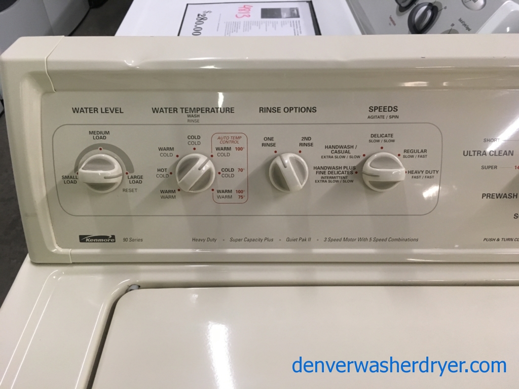 Heavy-Duty Bisque Kenmore 90 Series Washer, Agitator, 3.8 Cu.Ft. Capacity, 27″ Wide, Bleach Dispenser, Quality Refurbished, 1-Year Warranty!