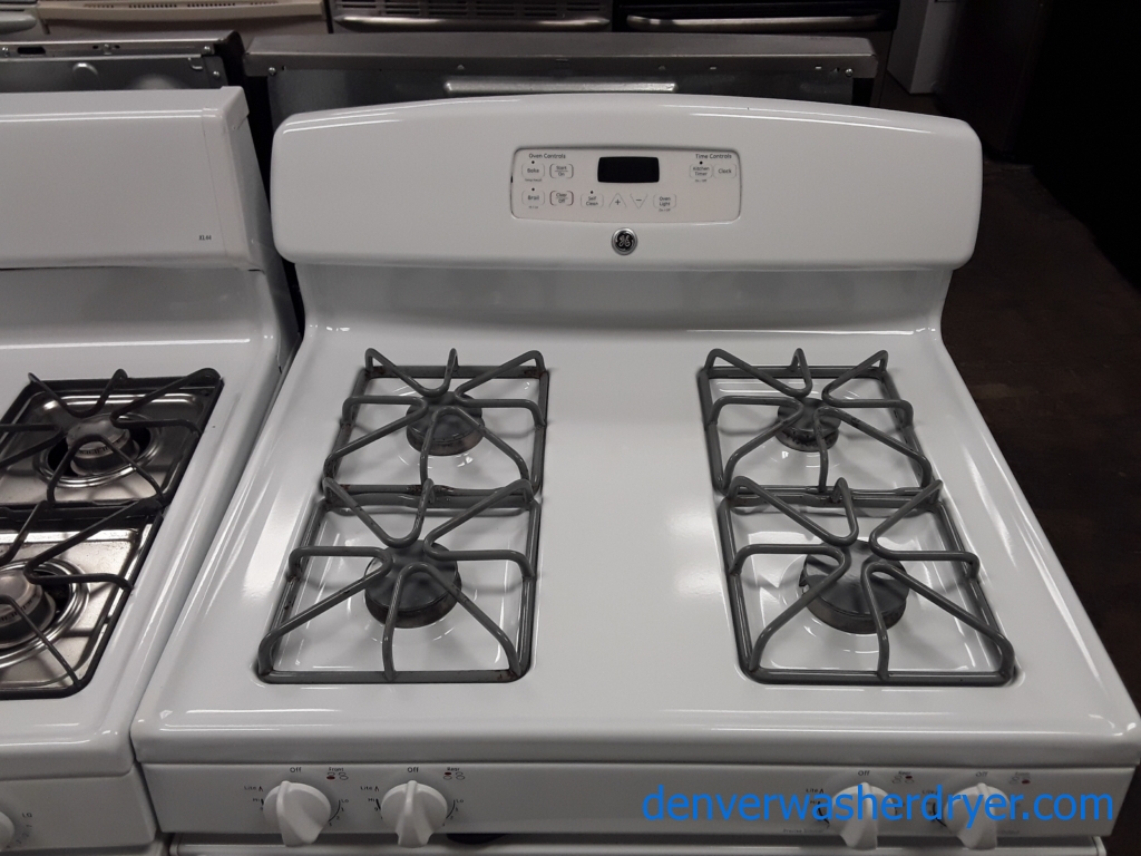 White GE Range, GAS, 4 Burners, Self-Cleaning, Storage Drawer, 30″ Wide, Quality Refurbished, 1-Year Warranty!
