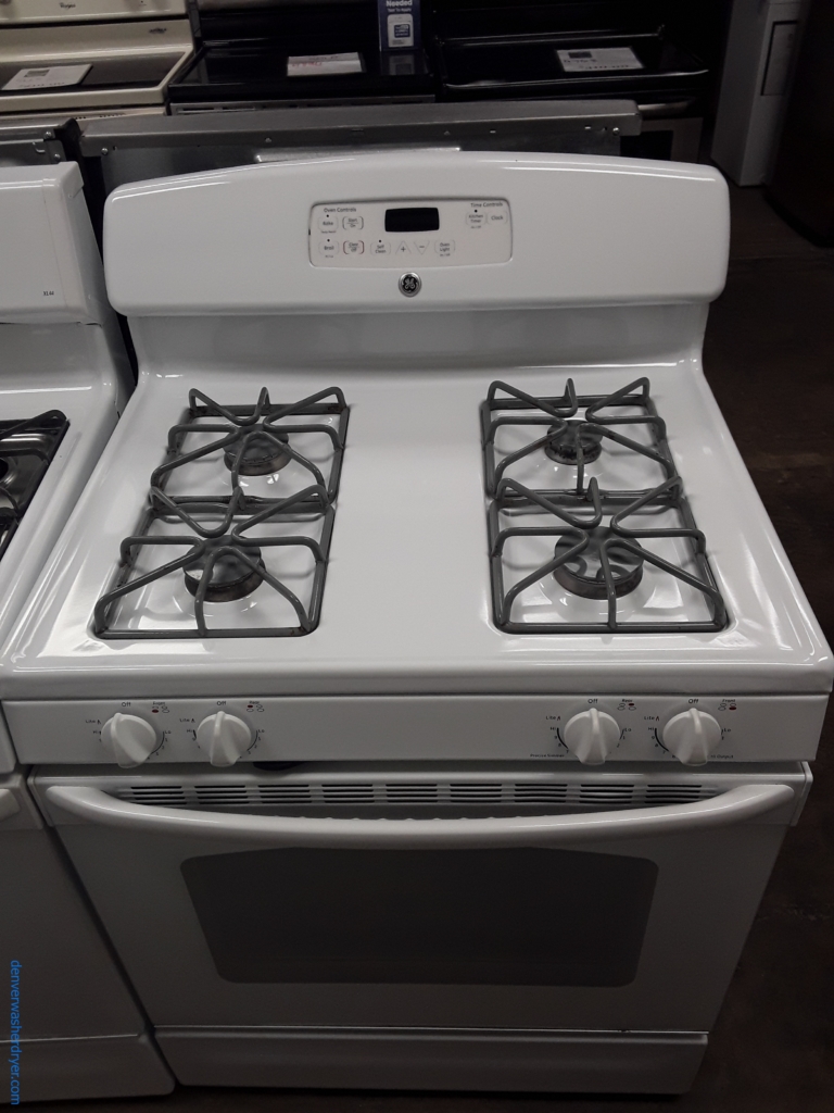 White GE Range, GAS, 4 Burners, Self-Cleaning, Storage Drawer, 30″ Wide, Quality Refurbished, 1-Year Warranty!