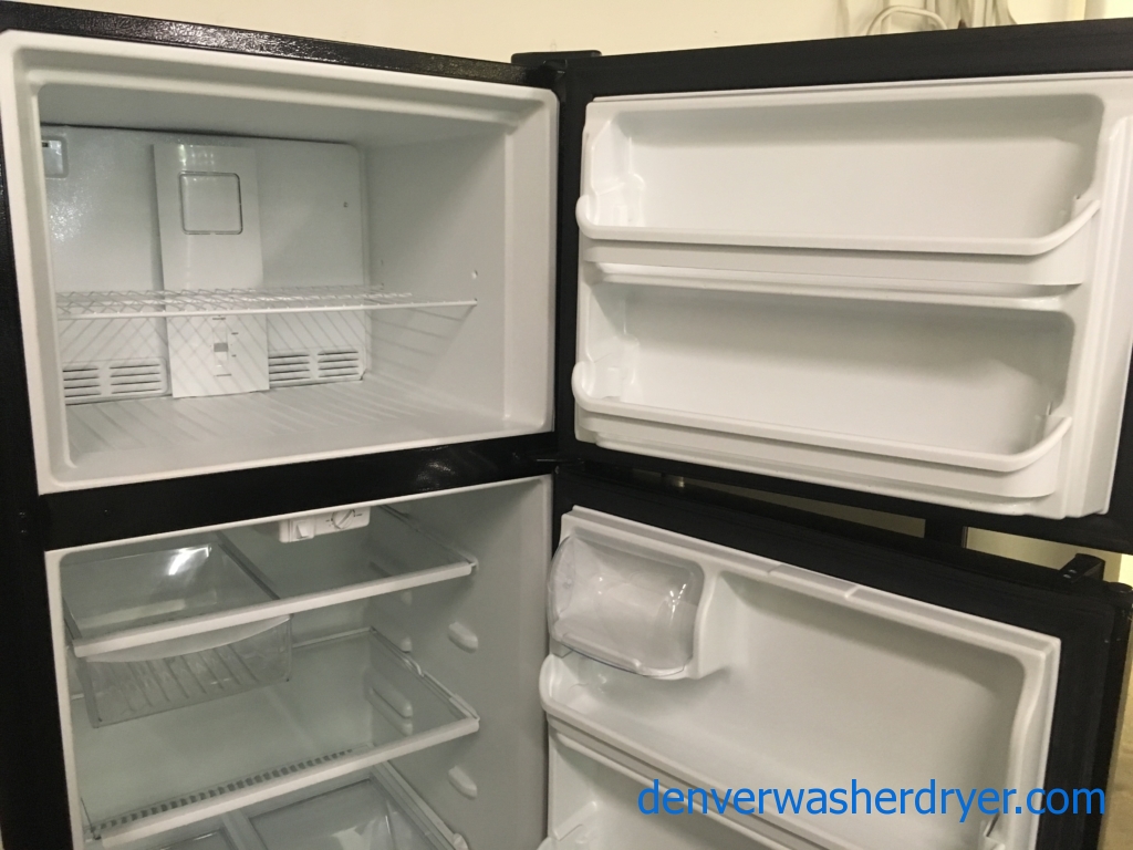 Lightly Used Frigidaire Refrigerator, Top-Mount, Textured Black, 20.4 Cu.Ft. Capacity, 30″ Wide, Glass Shelves, Quality Refurbished, 1-Year Warranty!