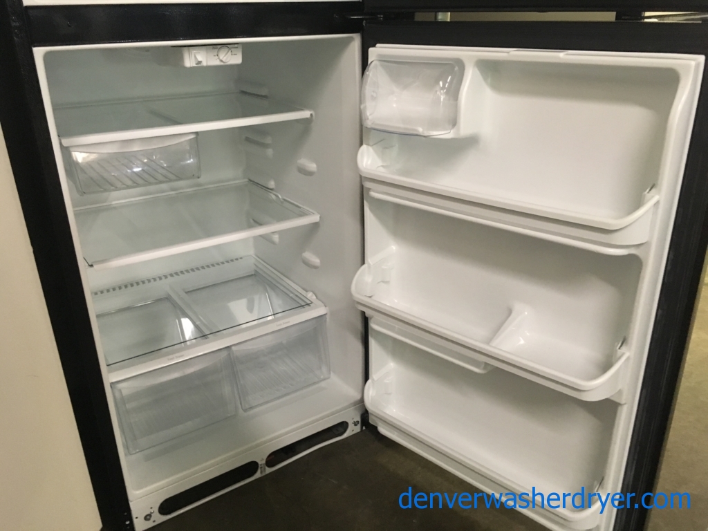 Lightly Used Frigidaire Refrigerator, Top-Mount, Textured Black, 20.4 Cu.Ft. Capacity, 30″ Wide, Glass Shelves, Quality Refurbished, 1-Year Warranty!