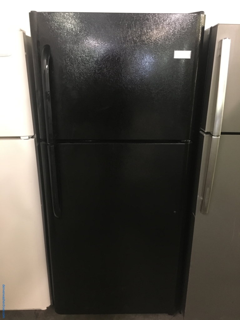 Lightly Used Frigidaire Refrigerator, Top-Mount, Textured Black, 20.4 Cu.Ft. Capacity, 30″ Wide, Glass Shelves, Quality Refurbished, 1-Year Warranty!