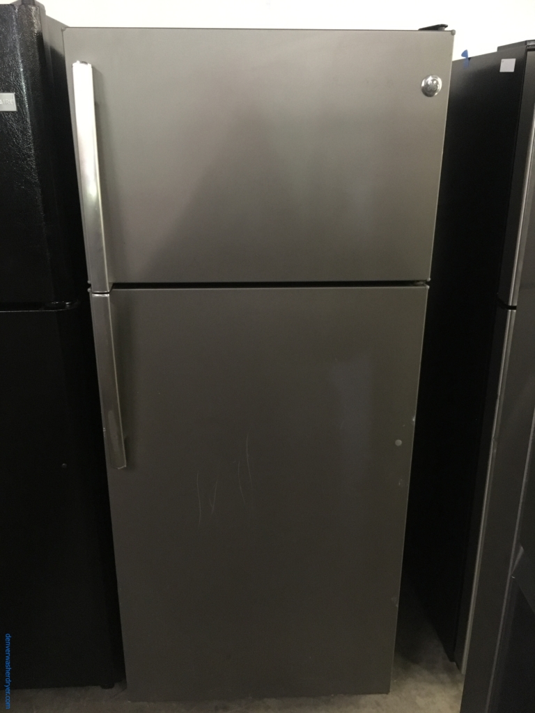 GE Slate Smudge-Proof Finish Refrigerator, Top-Mount, 28″ Wide, 18.0 Cu.Ft. Capacity, Glass Shelves, Quality Refurbished, 1-Year Warranty!