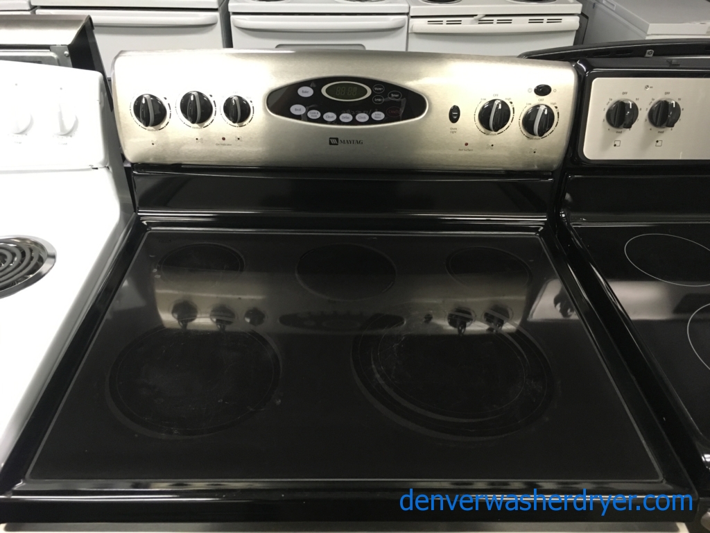 Lovely Maytag Stainless Glass-Top Range, 5 Burner, Dual-Choice Elements, Self-Cleaning, Storage Drawer, 30″ Wide, Quality Refurbished, 1-Year Warranty!