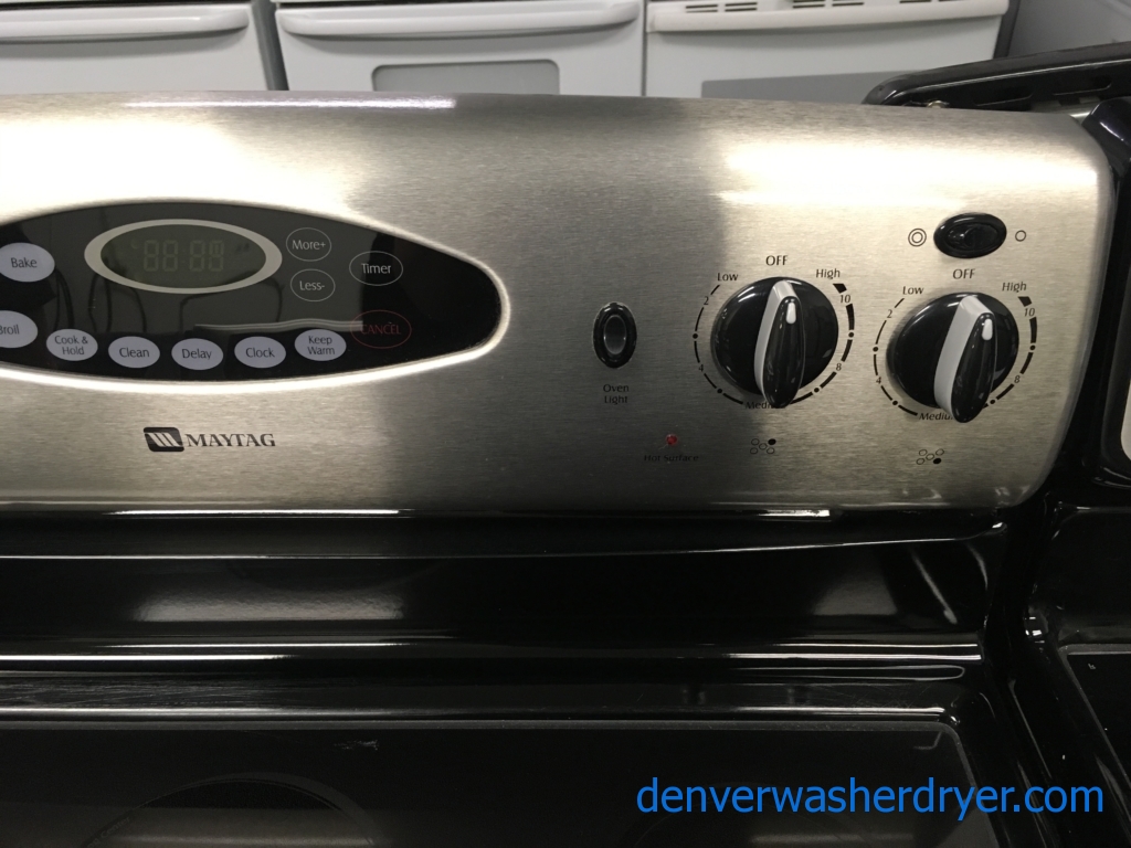 Lovely Maytag Stainless Glass-Top Range, 5 Burner, Dual-Choice Elements, Self-Cleaning, Storage Drawer, 30″ Wide, Quality Refurbished, 1-Year Warranty!