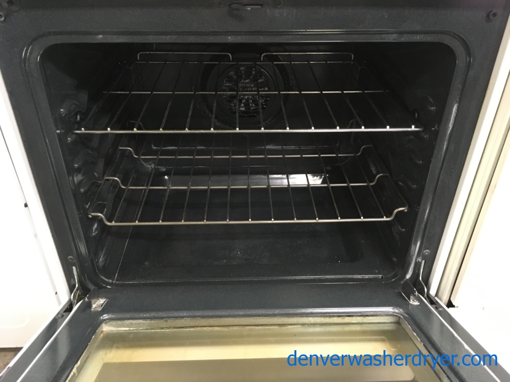 Great Frigidaire White Range, Free-Standing, Glass-Top, 5.7 Cu.Ft. Capacity, 5 Burners, Warm Zone, Self-Cleaning, Quality Refurbished, 1-Year Warranty!