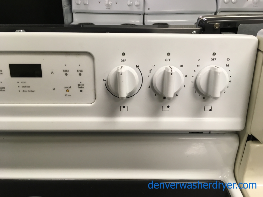 Great Frigidaire White Range, Free-Standing, Glass-Top, 5.7 Cu.Ft. Capacity, 5 Burners, Warm Zone, Self-Cleaning, Quality Refurbished, 1-Year Warranty!