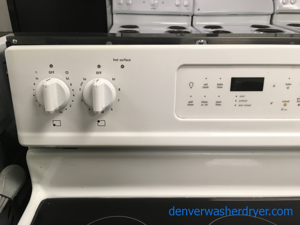 Great Frigidaire White Range, Free-Standing, Glass-Top, 5.7 Cu.Ft. Capacity, 5 Burners, Warm Zone, Self-Cleaning, Quality Refurbished, 1-Year Warranty!