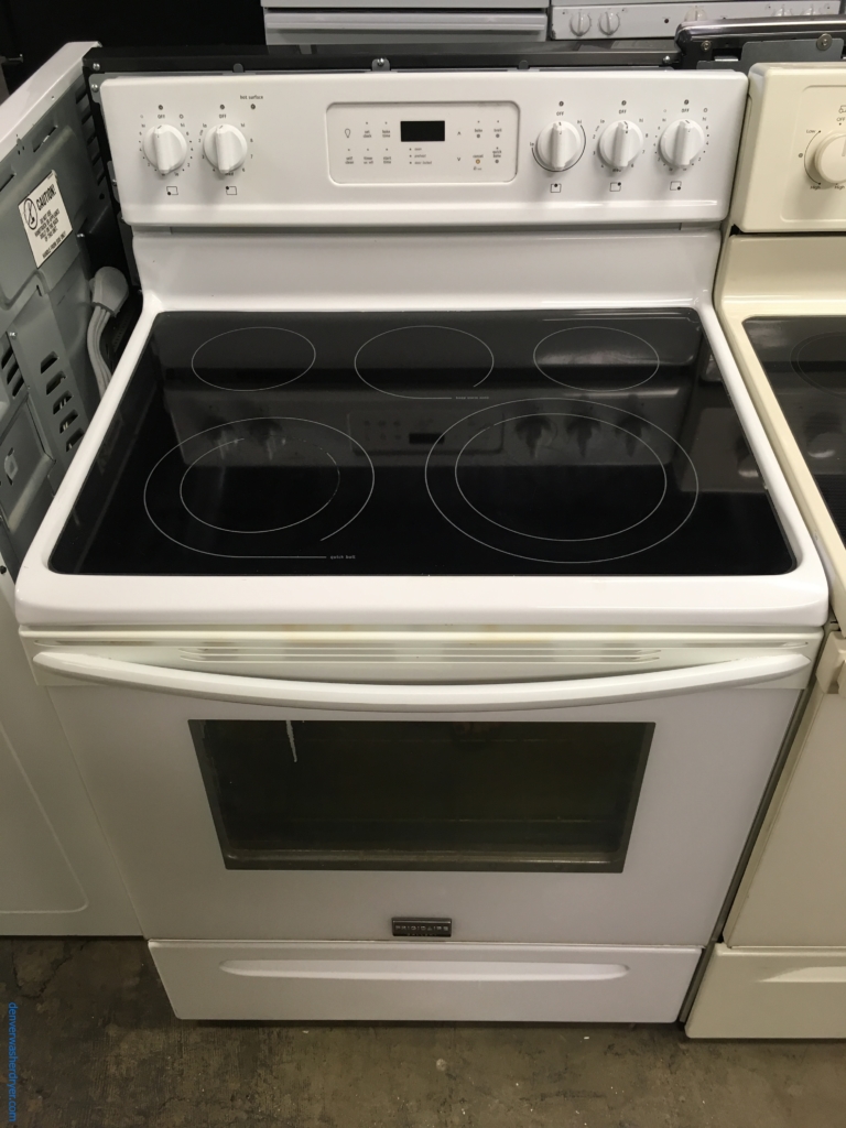 Great Frigidaire White Range, Free-Standing, Glass-Top, 5.7 Cu.Ft. Capacity, 5 Burners, Warm Zone, Self-Cleaning, Quality Refurbished, 1-Year Warranty!