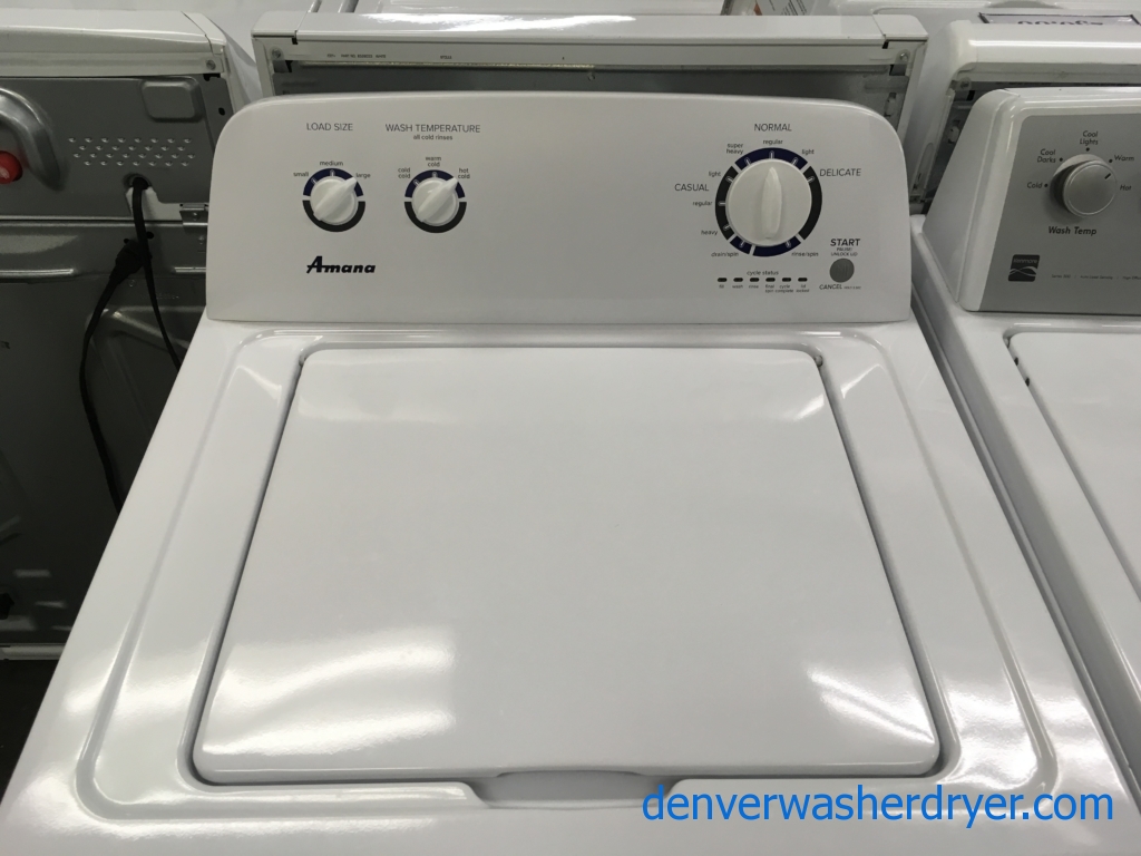 Lightly Used Amana Top-Load Washer, GE White Glass Top Range, Brand New Amana White Top Mount Refrigerator, Quality Refurbished, 1-Year Warranty!