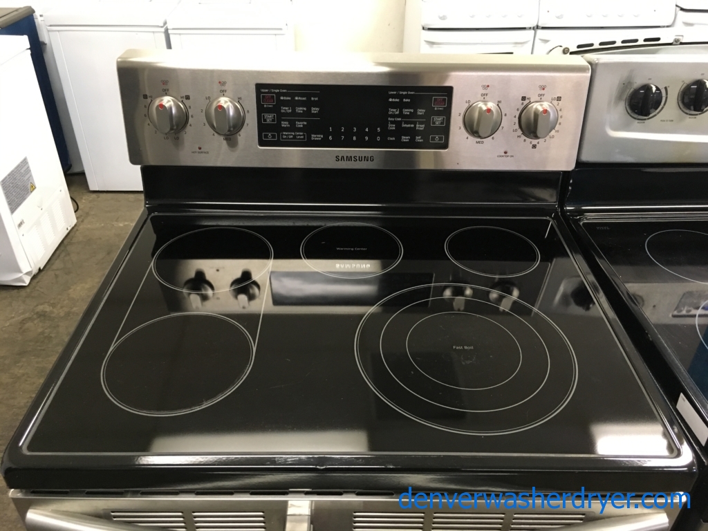 Beautiful Samsung Stainless Electric Range, NEW Samsung Stainless Steel French Door Refrigerator , 5 Burners, Warming Zone, Self/Steam Cleaning, Quality Refurbished, 1-Year Warranty!