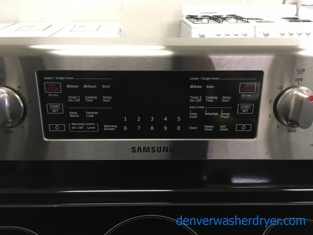 Beautiful Samsung Stainless Electric Range, NEW Samsung Stainless Steel French Door Refrigerator , 5 Burners, Warming Zone, Self/Steam Cleaning, Quality Refurbished, 1-Year Warranty!