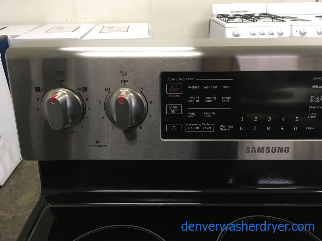 Beautiful Samsung Stainless Electric Range, NEW Samsung Stainless Steel French Door Refrigerator , 5 Burners, Warming Zone, Self/Steam Cleaning, Quality Refurbished, 1-Year Warranty!