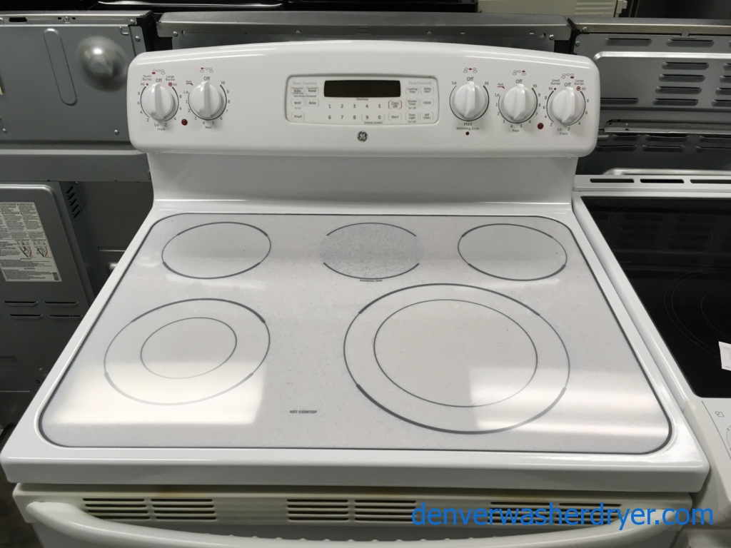 Electric GE White Range, Glass-Top, Self-Cleaning, 5 Burners, Proof Feature, Quality Refurbished, 1-Year Warranty!