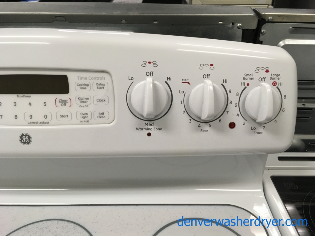 Electric GE White Range, Glass-Top, Self-Cleaning, 5 Burners, Proof Feature, Quality Refurbished, 1-Year Warranty!