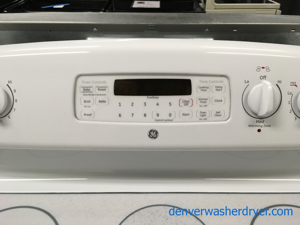 Electric GE White Range, Glass-Top, Self-Cleaning, 5 Burners, Proof Feature, Quality Refurbished, 1-Year Warranty!