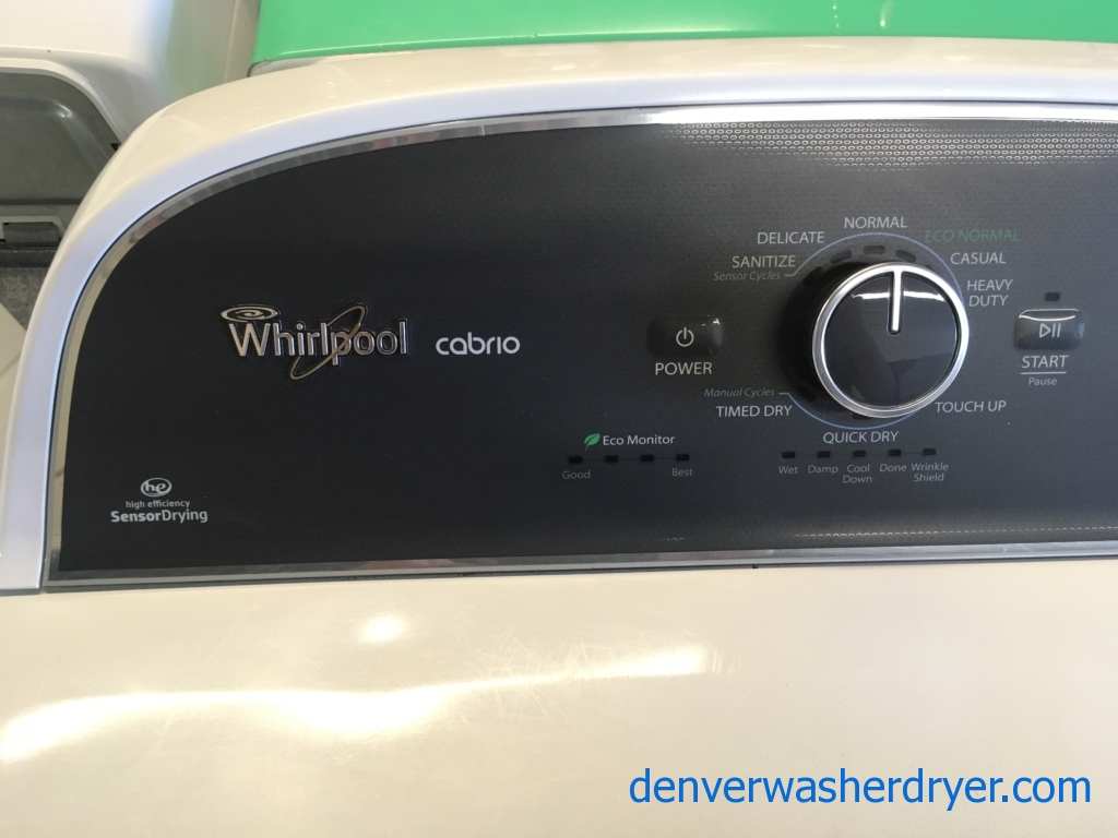 Whirlpool Cabrio Washer and Dryer, Wash-Plate Style, See-Through Lids, Deep Water Wash Cycle, EcoBoost, Sanitize, Wrinkle Shield, Quality Refurbished, 2-Year Warranty!