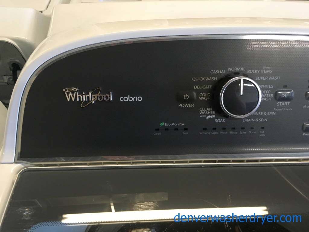 Whirlpool Cabrio Washer and Dryer, Wash-Plate Style, See-Through Lids, Deep Water Wash Cycle, EcoBoost, Sanitize, Wrinkle Shield, Quality Refurbished, 2-Year Warranty!