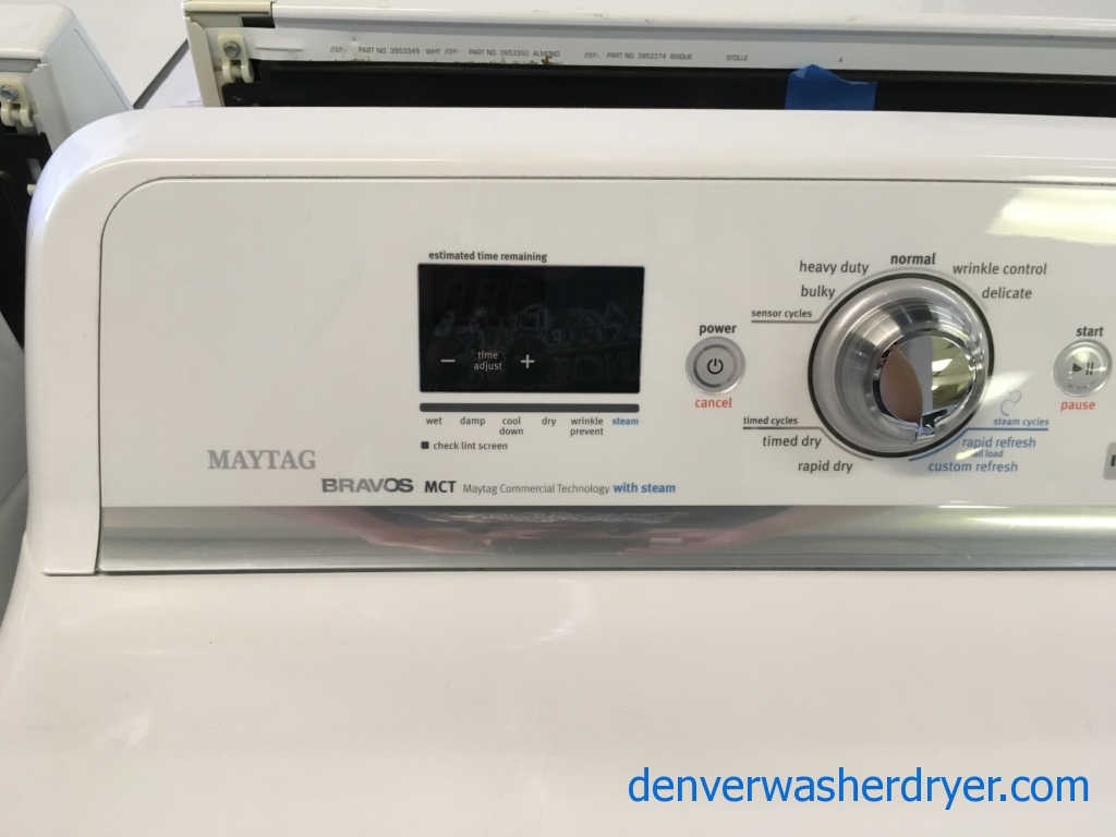 Great Maytag Bravos Washer and Dryer Set, Sanitary Cycle, Steam Feature, Wrinkle Prevent, HE, Wash-Plate Style, Quality Refurbished, 1-Year Warranty!