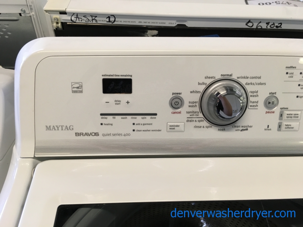 Great Maytag Bravos Washer and Dryer Set, Sanitary Cycle, Steam Feature, Wrinkle Prevent, HE, Wash-Plate Style, Quality Refurbished, 1-Year Warranty!