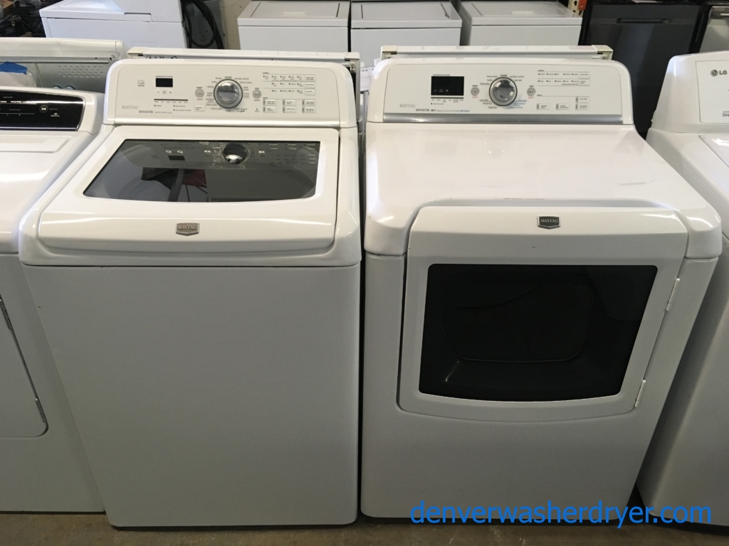 Great Maytag Bravos Washer and Dryer Set, Sanitary Cycle, Steam Feature, Wrinkle Prevent, HE, Wash-Plate Style, Quality Refurbished, 1-Year Warranty!