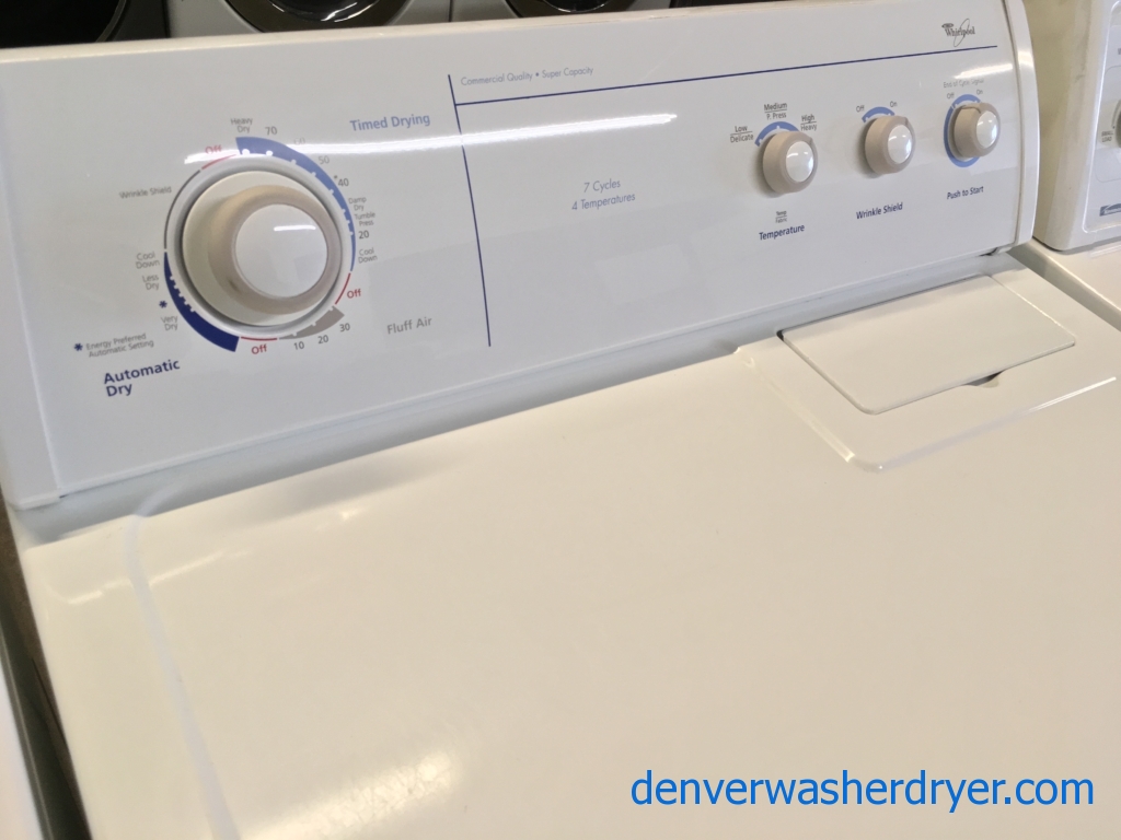 Whirlpool Direct Drive “Quiet Wash” Washer and Dryer, Agitator, Wrinkle Shield Option, Quality Refurbished 1-Year Warranty