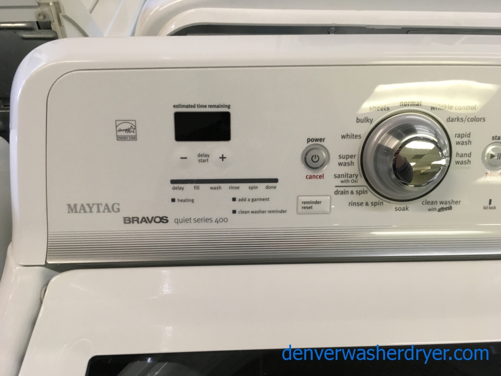 Maytag Bravos Quiet Series 400 Washer and Dryer Set, Glass-Lids, HE, Sanitary and Wrinkle Control Cycles, StainBoost, Wrinkle Prevent Plus, Quality Refurbished, 1-Year Warranty!