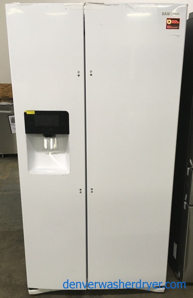 NEW! Scratch/Dent Samsung Side-by-Side Refrigerator, White, Ice/Water Dispenser, High Gloss Finish, 1-Year Warranty!